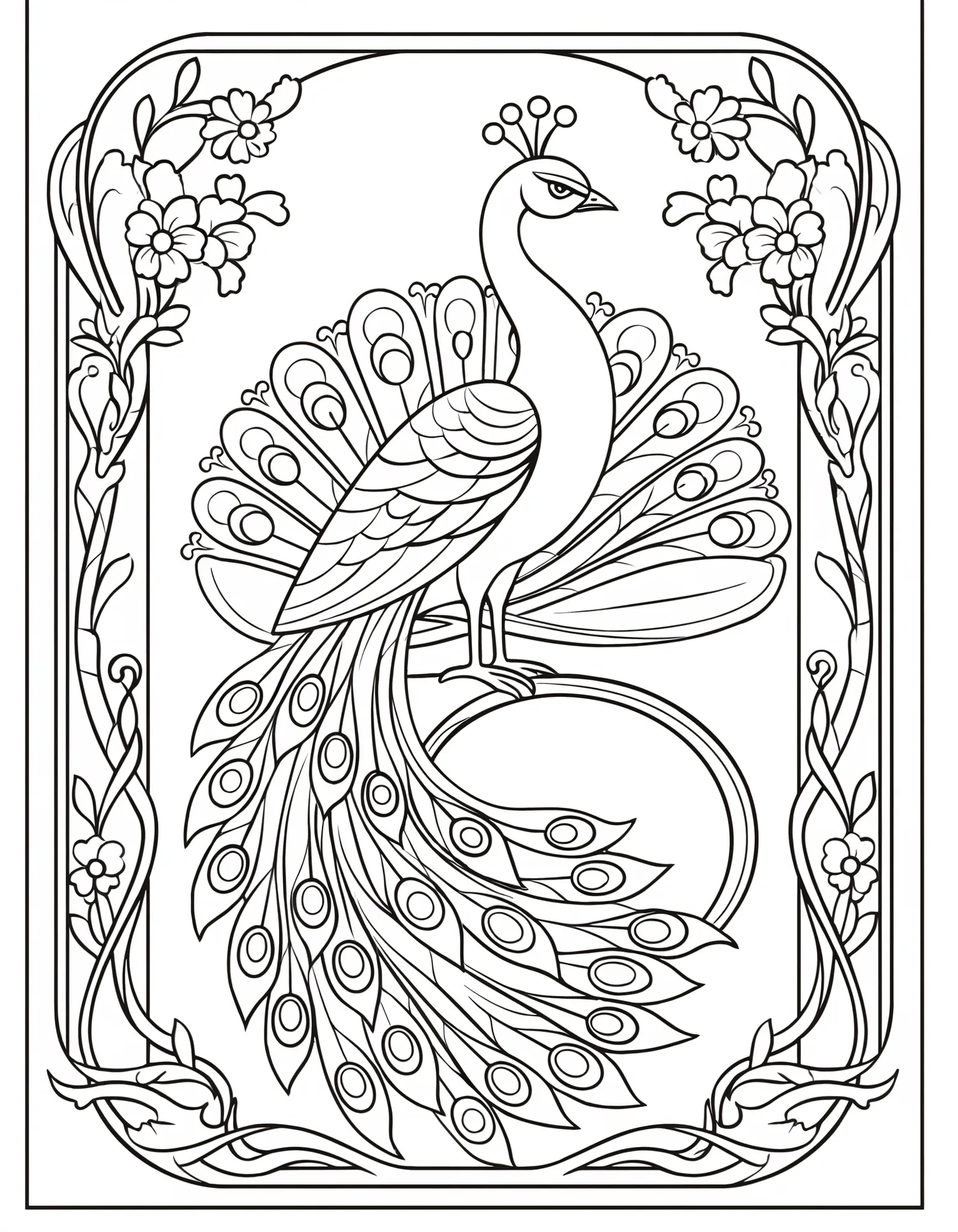 Panneau Décoratif Paon Art Nouveau — Coloriage vintage à imprimer gratuitement